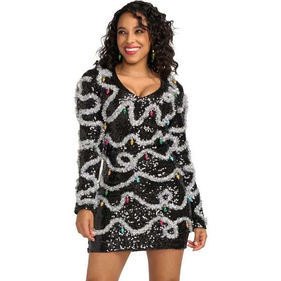 Women's Black Light Sequin Christmas Scoop Neck Fun Festive Holiday Sequin Dress - Picture 1 of 2